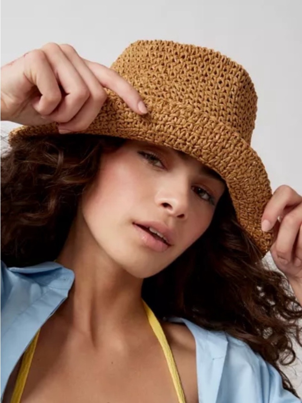 Urban Outfitters Charlie Straw Bucket Hat OS Natural Brown Crochet Paper Sun Hat